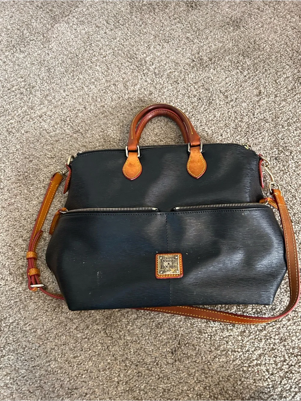 Dooney & Bourke Black Leather Laptop Bag with Brown Trim